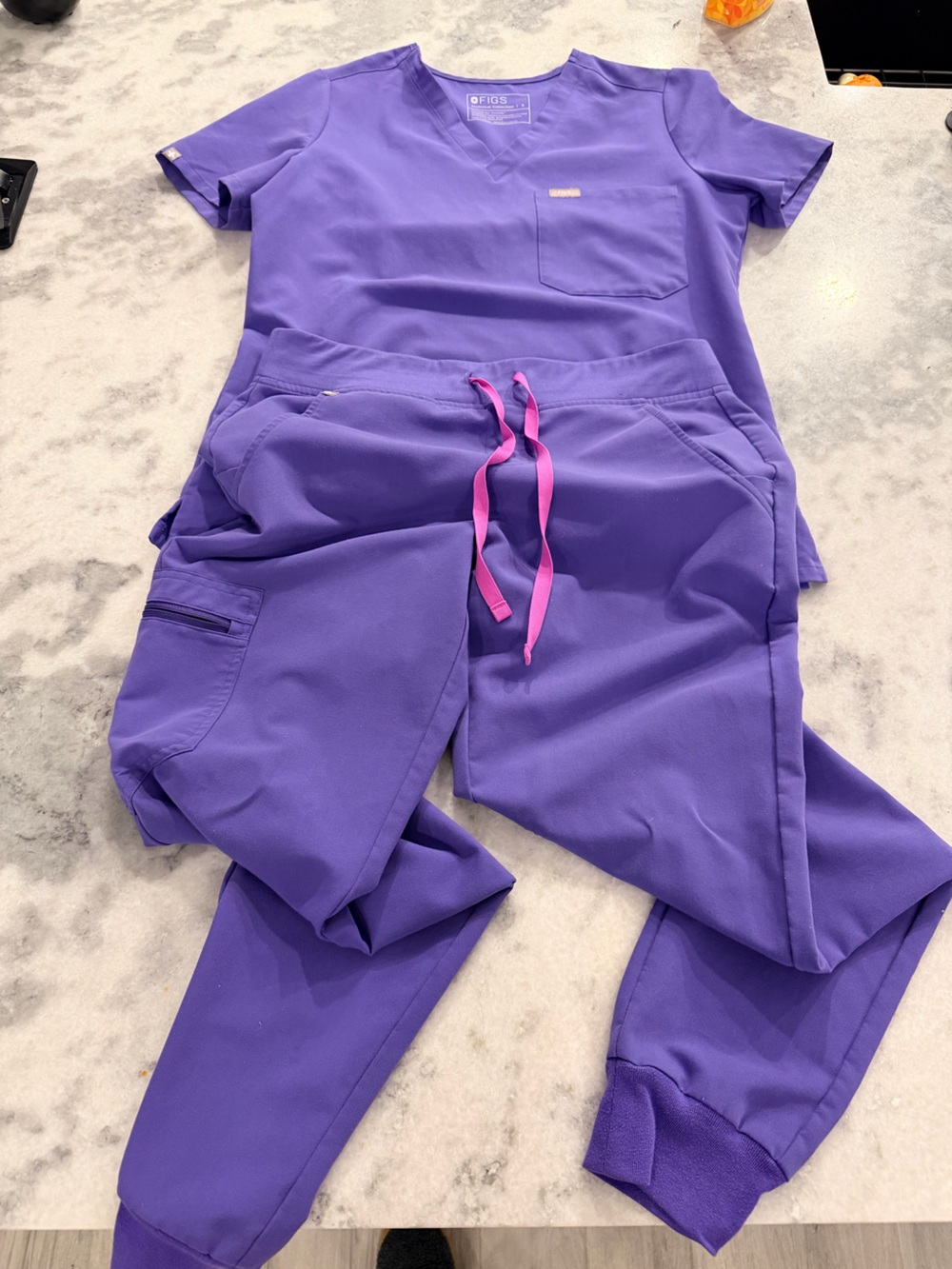 Figs Retired color, Amethyst, jamora jogger SMALL TAll and Catarina top small